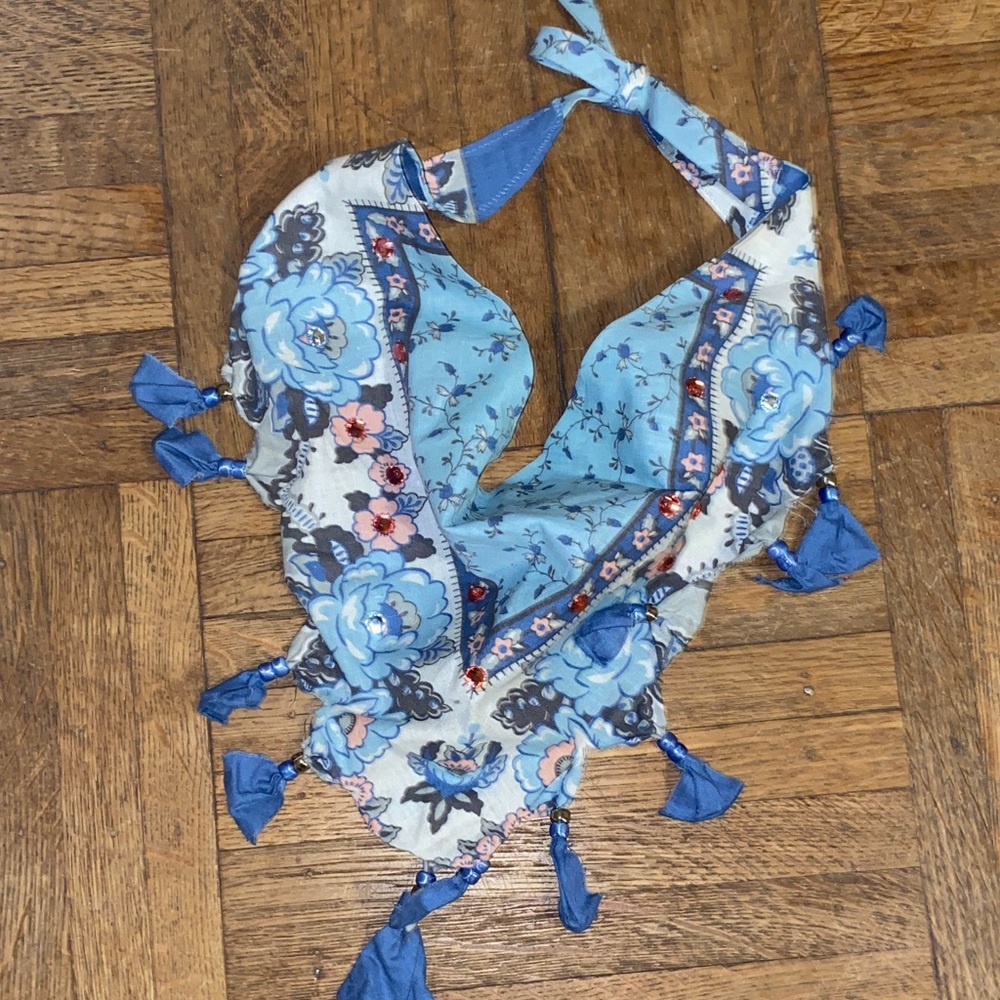 Vintage 70s fringe bandana scarf with crystals and beads as imaged
